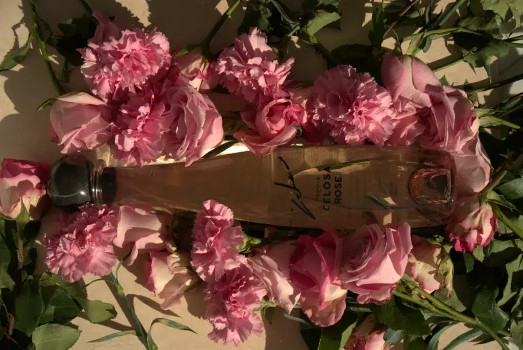 A bottle of Celosa Rosa Tequila lies amidst pink flowers and rose petals, casting a natural vibe.